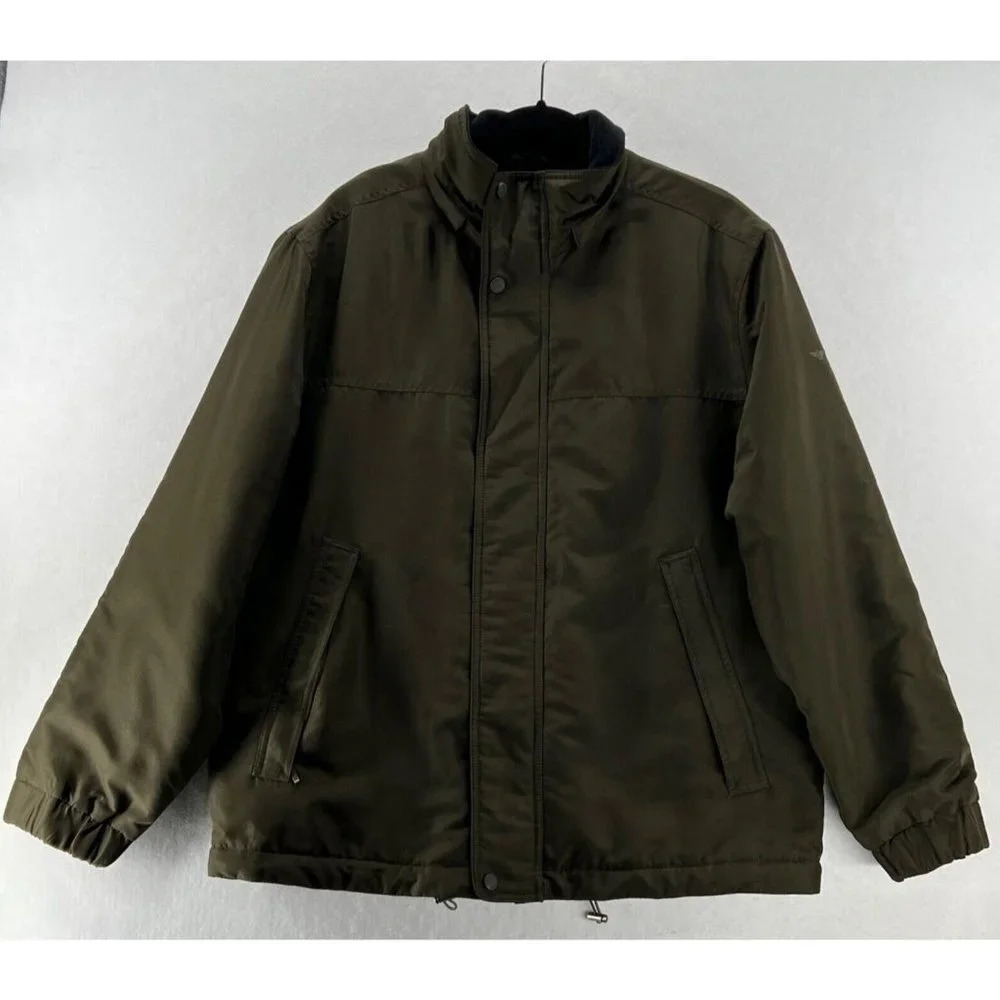 Dockers Soft Shell Jacket Mens Size M Full Zip Snap Fleece Lined Khaki Green